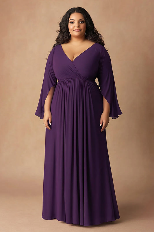 Dark Purple Plus Size V-Neck Long Chiffon Mother of the Bride Dress
