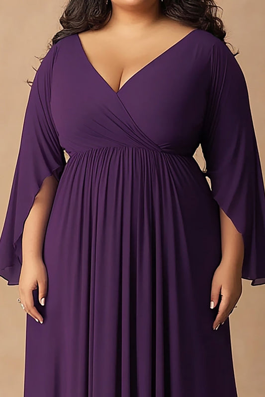 Dark Purple Plus Size V-Neck Long Chiffon Mother of the Bride Dress