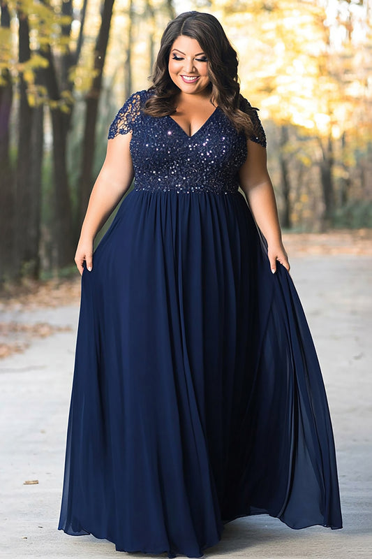 Navy Plus Size Lace A Line Long Mother of the Bride Dress