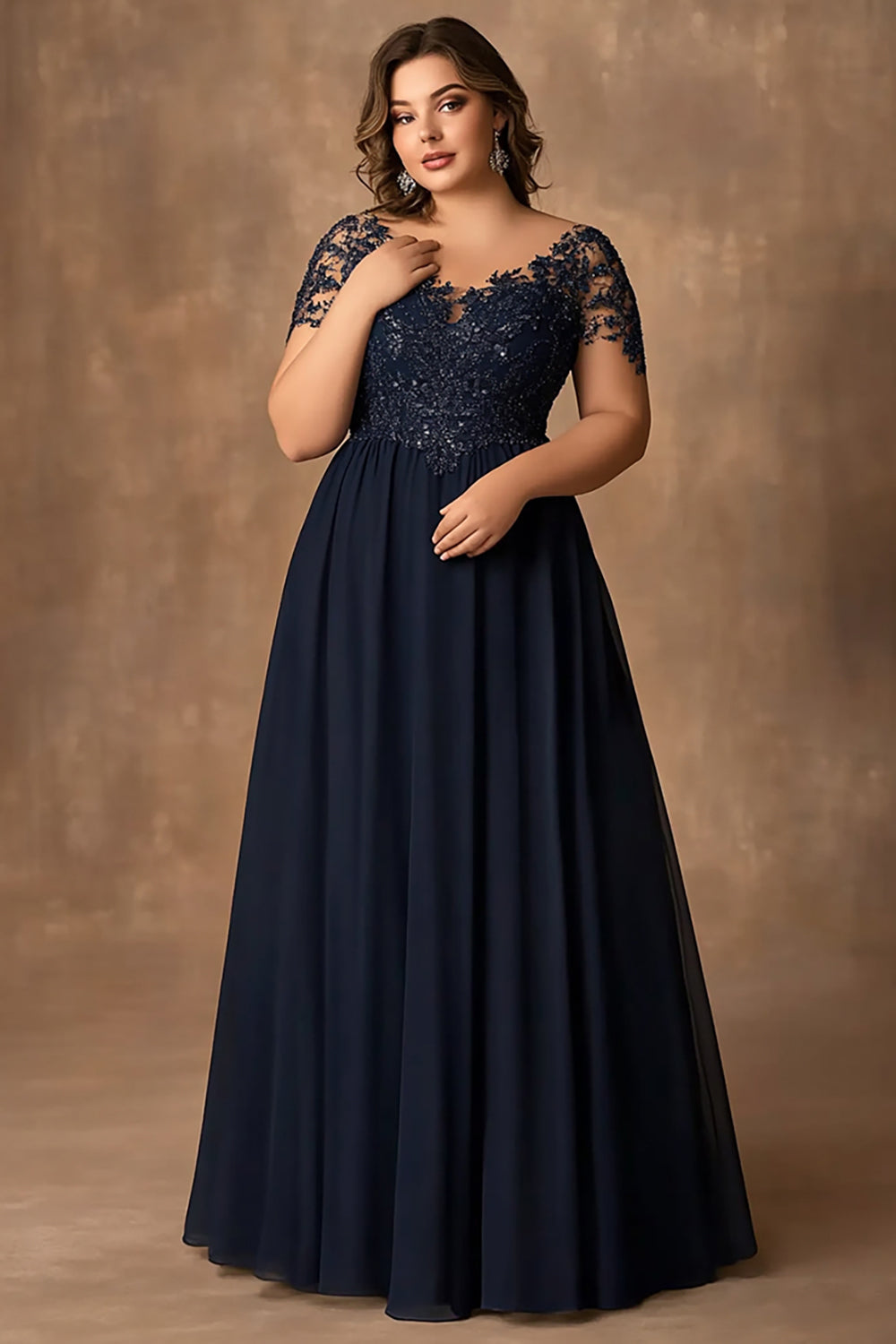 navy blue a line dress plus size Aureia Plus Size Elegant Navy Blue High Collar Hollow Chiffon Lantern Sleeve A-Line Dress,Winter,Formal,Dinner,Formal Party,Wedding Celebration Formal Gown