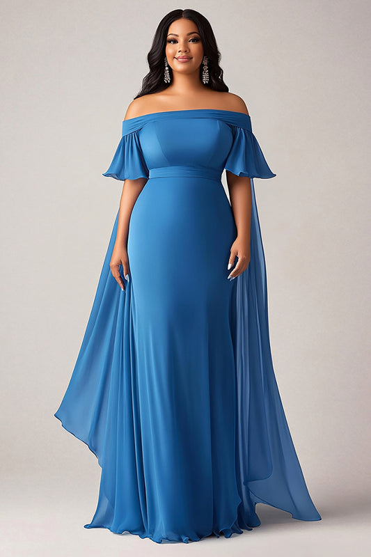 Blue Ruffled Chiffon Plus Size Long Mother of the Bride Dress