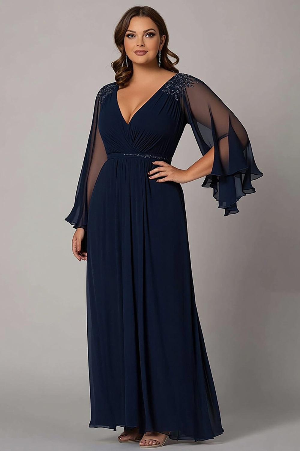 Zapaka Women Plus Size Mother of the Bride Dress with Long Sleeves Navy A Line V-Neck Chiffon Lace Wedding Guest Dress, Navy / US6