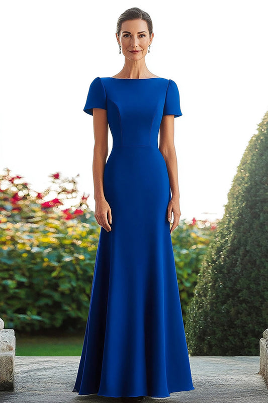 Satin Royal Blue Sheath Long Mother of the Bride Dress with Short Sleeves