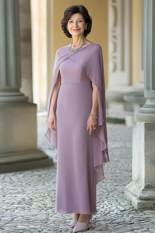 Lilac Sheath Chiffon Long Mother of the Bride Dress with Cape Sleeves