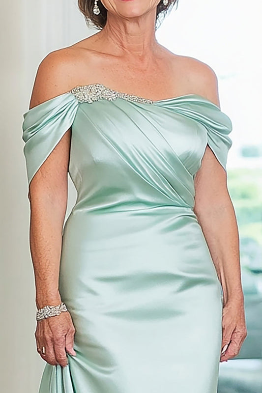 Sheath Mint Satin Off the Shoulder Long Mother of the Bride Dress