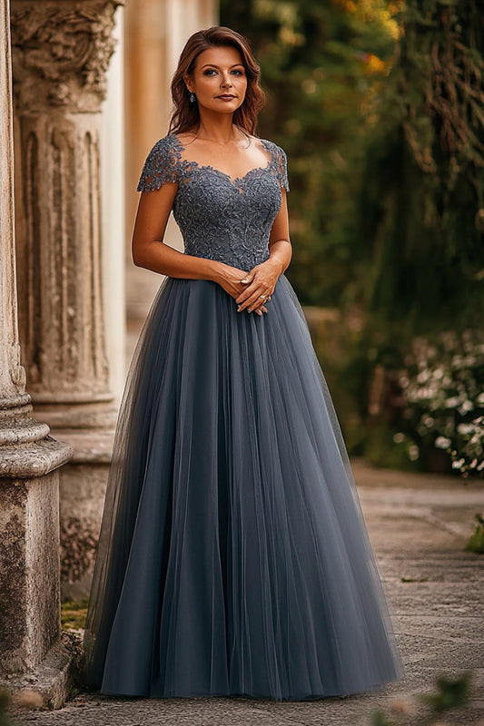 A Line Grey Blue Tulle Long Mother of the Bride Dress with Appliques