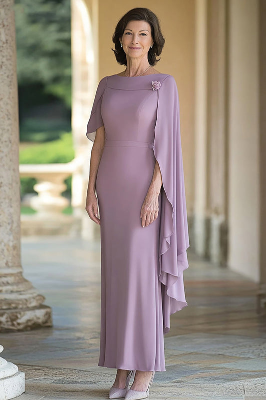 Lilac Long Sheath Chiffon Mother of the Bride Dress with Cape Sleeves