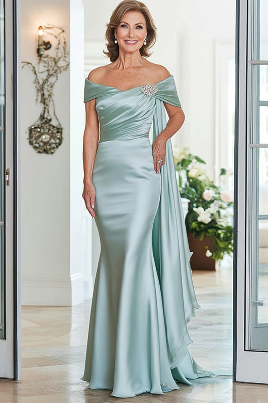 Mint Mermaid Satin Streamer Long Mother of the Bride Dress