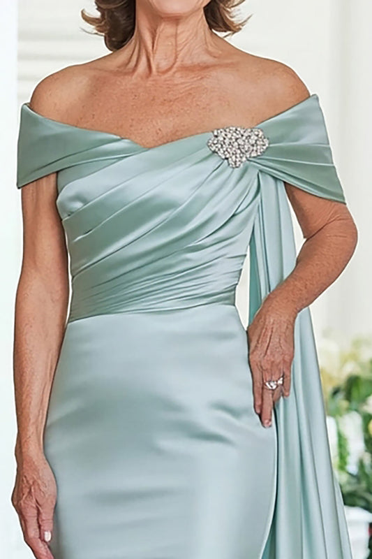 Mint Mermaid Satin Streamer Long Mother of the Bride Dress