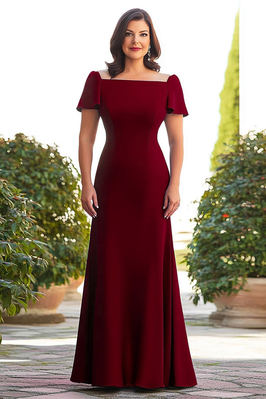 Plus Size Burgundy A Line Long Mother of the Bride Dress with Short Sleeves