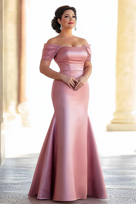 Satin Plus Size Pink Mermaid Off the Shoulder Long Mother of the Bride Dress
