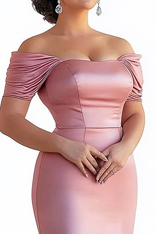 Satin Plus Size Pink Mermaid Off the Shoulder Long Mother of the Bride Dress
