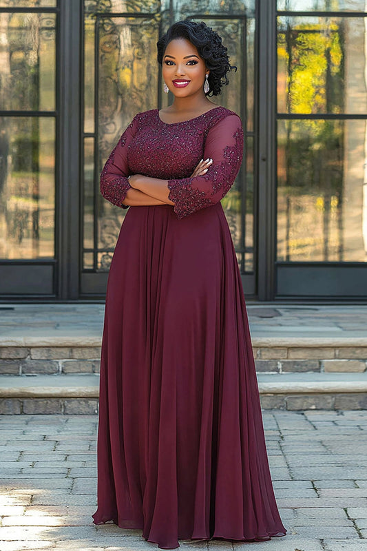 A Line Burgundy Chiffon Long Plus Size Mother of the Bride Dress