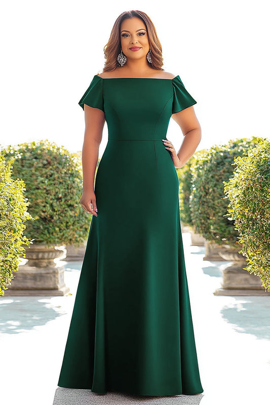 Off the Shoulder Plus Size Dark Green Satin Long Mother of the Bride Dress