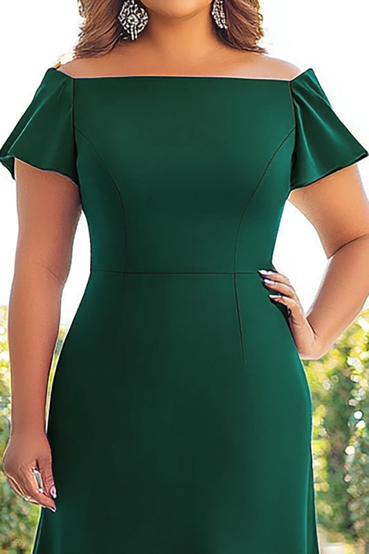 Off the Shoulder Plus Size Dark Green Satin Long Mother of the Bride Dress