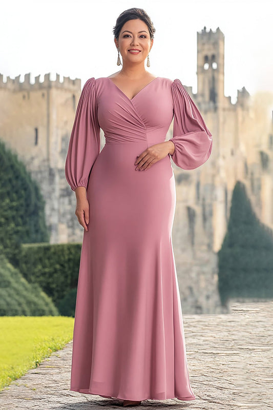 Sheath Pink Chiffon Long Plus Size Mother of the Bride Dress