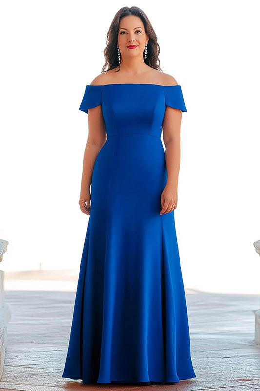 Off the Shoulder Royal Blue A Line Satin Long Mother of the Bride Dress