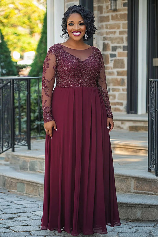 A Line Plus Size Burgundy Chiffon Sparkly Long Mother of the Bride Dress
