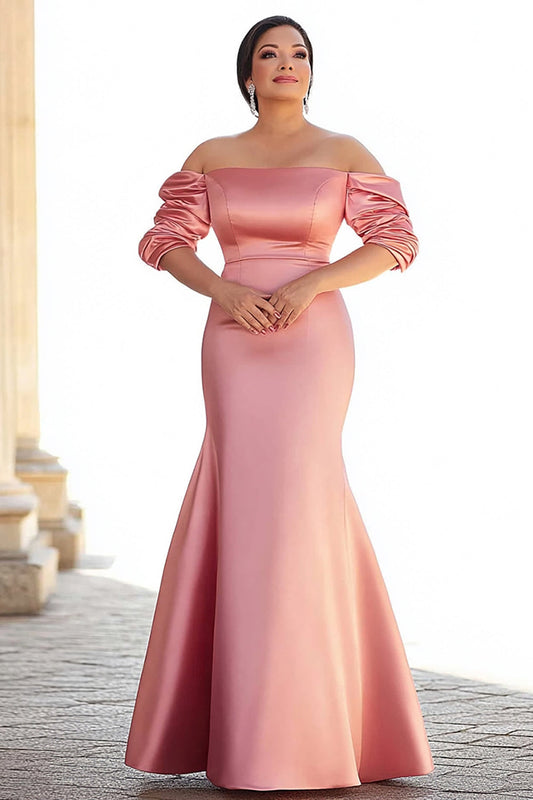 Satin Pink Mermaid Off the Shoulder Long Plus Size Mother of the Bride Dress
