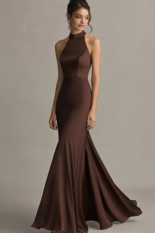 Zapaka Simple Coffee Satin Long Formal Wedding Guest Dress Mermaid Halter Evening Dress