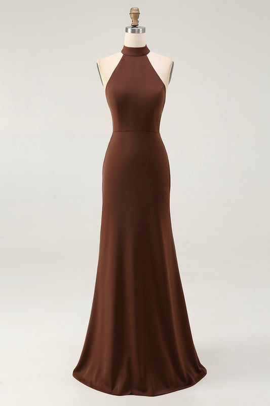 Zapaka Simple Coffee Satin Long Formal Wedding Guest Mermaid Halter Evening Dress