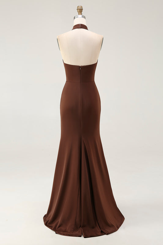 Simple Coffee Satin Halter Mermaid Long Formal Dress