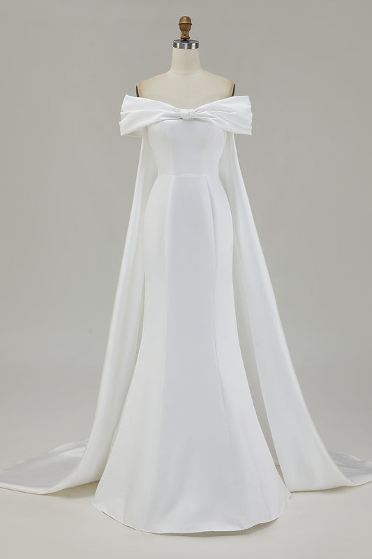 Ivory Off the Shoulder Bow Mermaid Floor-Length Wedding Dress with Cape