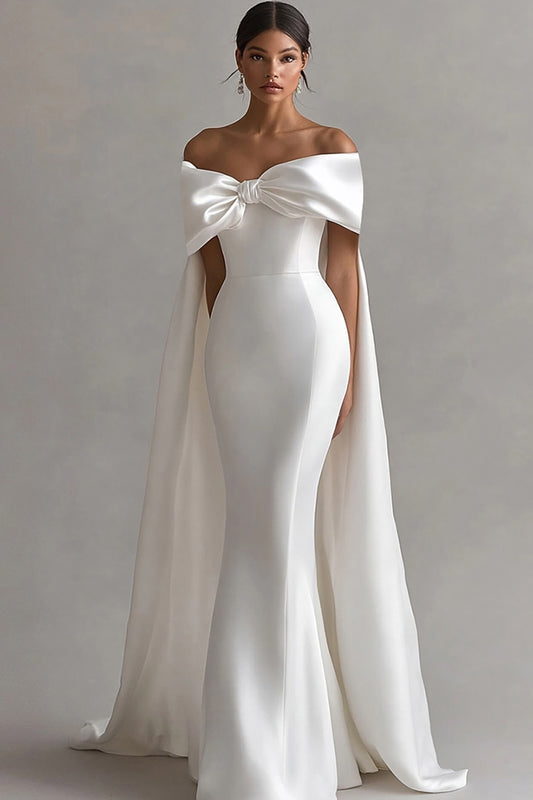 Ivory Mermaid Off the Shoulder Floor-Length Wedding Dress with Cape
