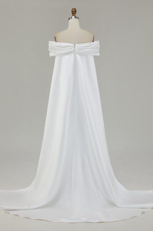 Ivory Off the Shoulder Bow Mermaid Floor-Length Wedding Dress with Cape