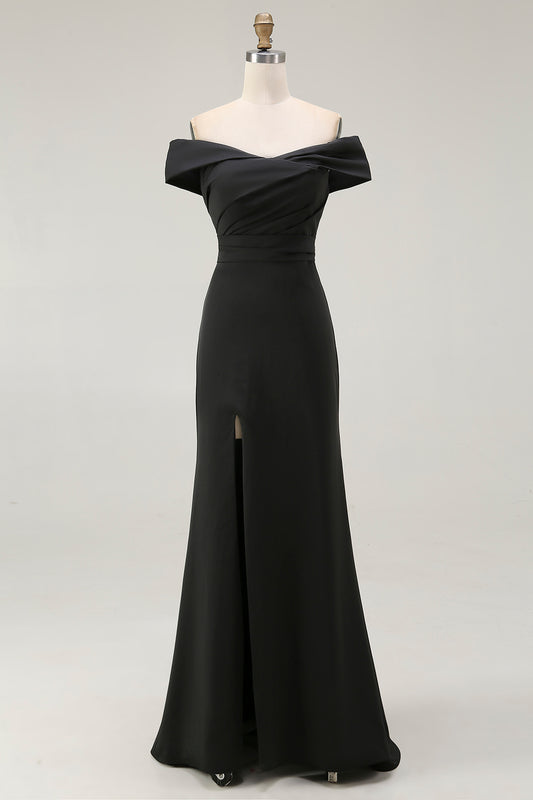 Simple Black Mermaid Satin Off the Shoulder Long Formal Dress with Slit