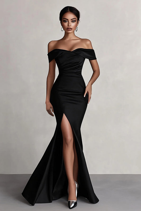 Black Satin Off the Shoulder Mermaid Long Formal Dress with Slit