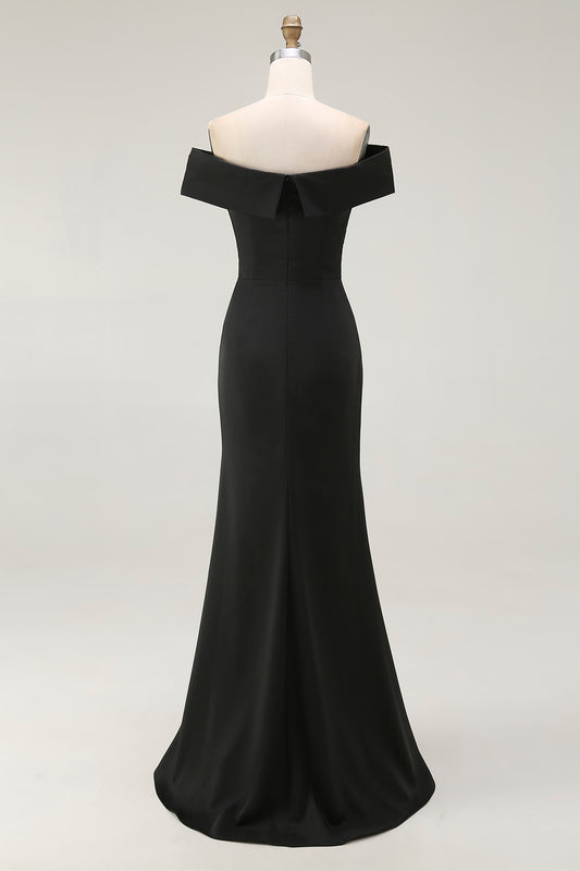 Simple Black Mermaid Satin Off the Shoulder Long Formal Dress with Slit