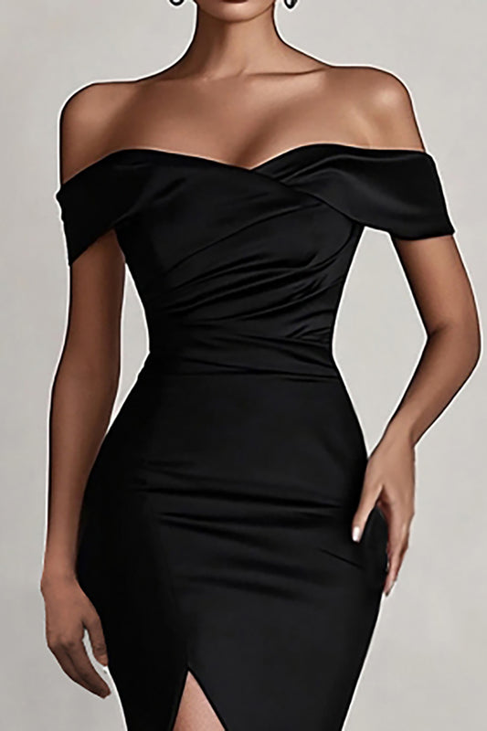 Black Satin Off the Shoulder Mermaid Long Formal Dress with Slit