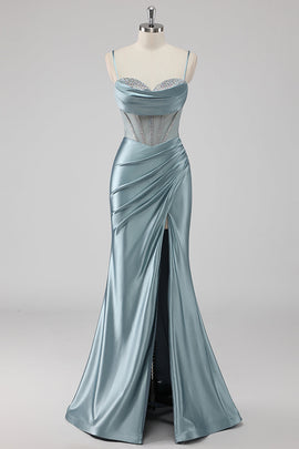 Sparkly Grey Blue Sheath Spaghetti Straps Corset Beading Long Prom Dress with Slit
