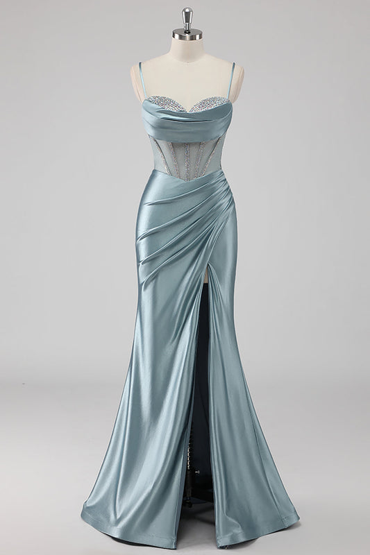 Sparkly Grey Blue Sheath Spaghetti Straps Corset Beading Long Prom Dress with Slit