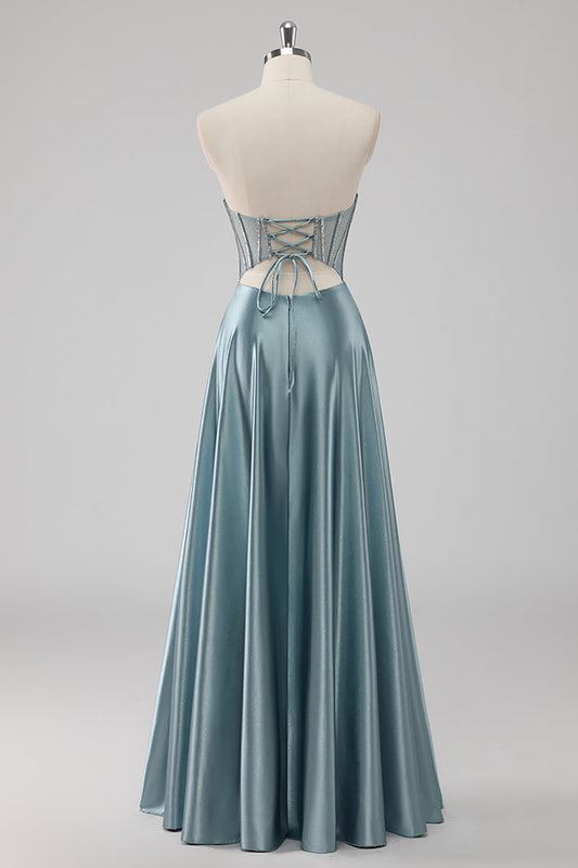 Grey Blue A-Line Strapless Corset Satin Long Prom Dress with Beading
