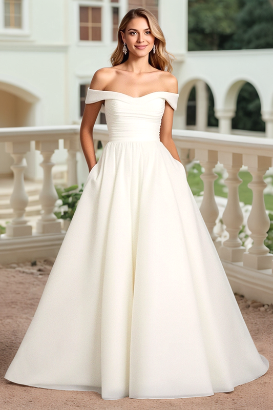 Ivory A Line Sweep Train Off the Shoulder Wedding Dress