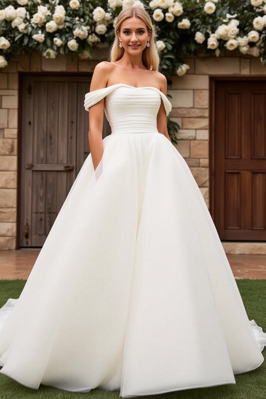 A Line Ivory Off the Shoulder Sweep Train Tulle Wedding Dress