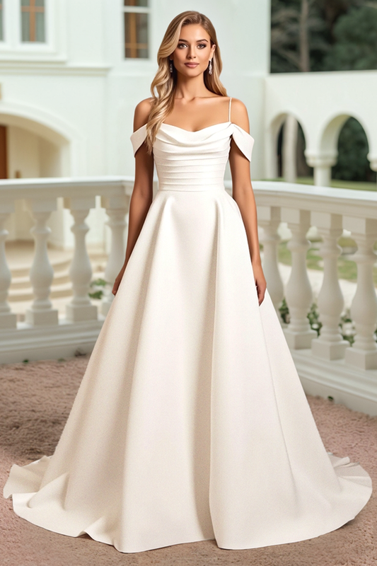 Ivory Satin A Line Sweep Train Long Wedding Dress