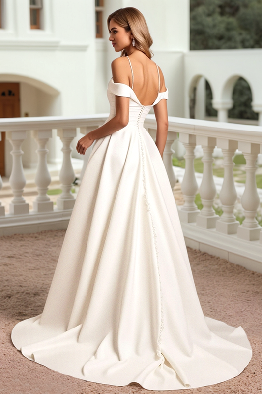 Ivory Satin A Line Sweep Train Long Wedding Dress