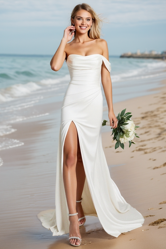Ivory One Shoulder Satin Boho Long Wedding Dress with Slit