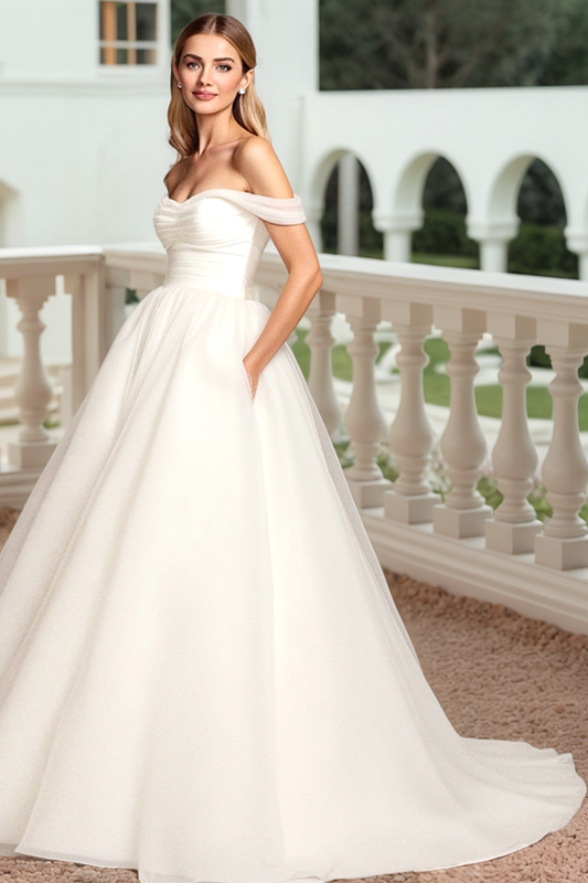 Simple Ivory Sweep Train A Line Long Wedding Dress