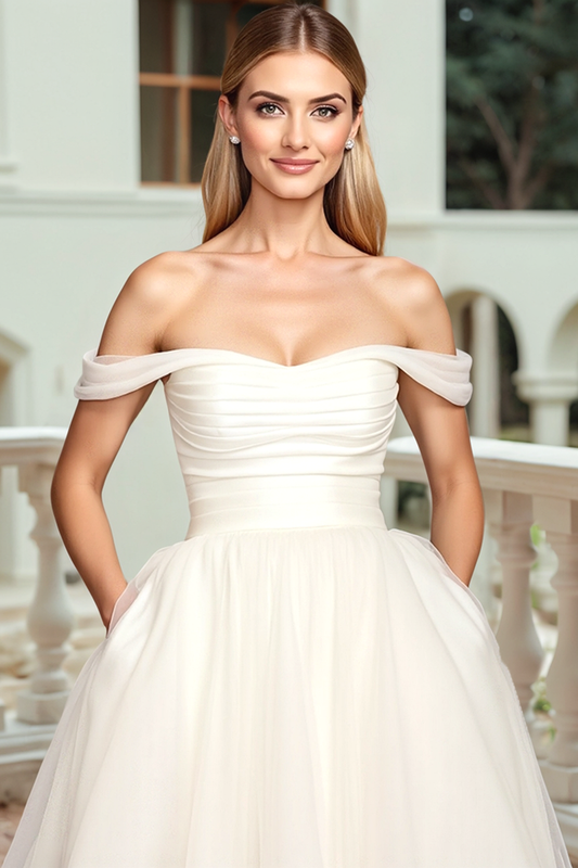 Simple Ivory Sweep Train A Line Long Wedding Dress