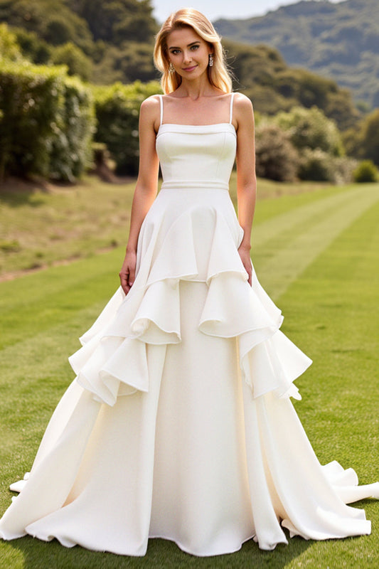 Ivory Chiffon Spaghetti Straps Sweep Train Wedding Dress with Ruffles