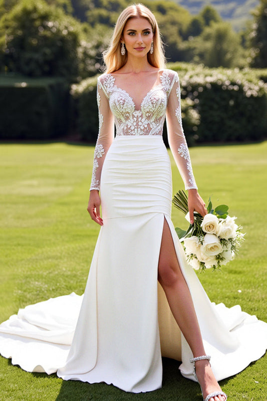 Ivory Satin V-Neck Sweep Train Lace Wedding Dress with Slit