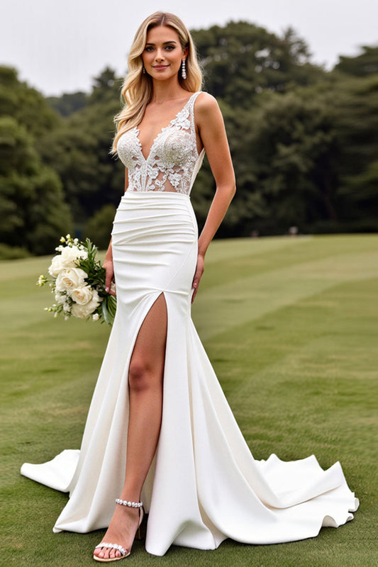 Ivory Mermaid Sweep Satin Train Long Wedding Dress with Slit