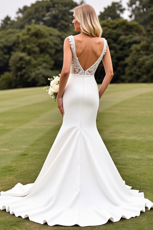 Ivory Mermaid Sweep Satin Train Long Wedding Dress with Slit