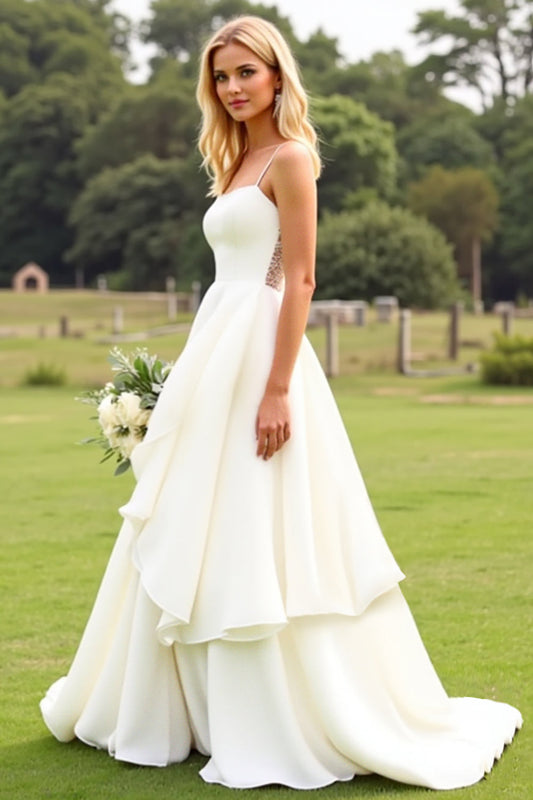 Ivory Satin Sweep Train Square Neck Wedding Dress with Ruffles