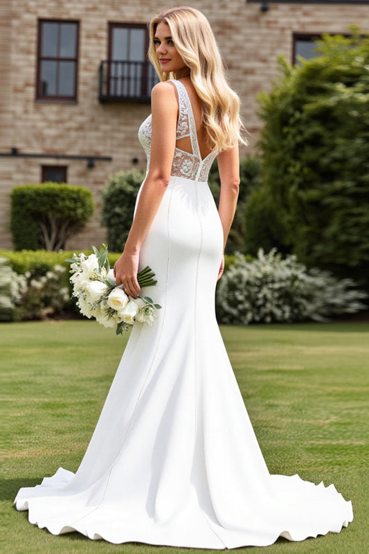 Ivory Satin Lace Sweep Train Mermaid Wedding Dress with Slit