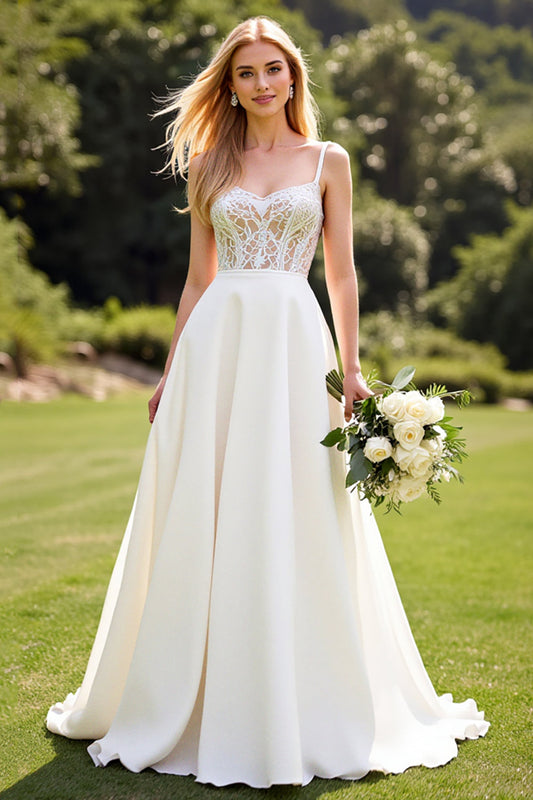 Ivory Satin Sweep Train A Line Boho Wedding Dress with Lace